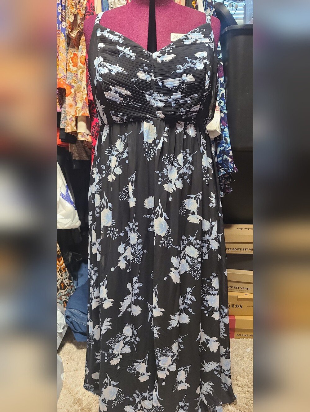 Black Floral Maxi Dress with Light Blue Print